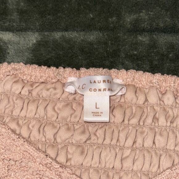 LC Lauren Conrad Mini Dress Womens Large Pink Lace Overlay Smocked Tiered hem - Picture 7 of 9